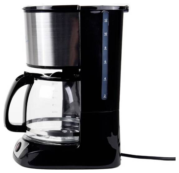 Schwarze Filterkaffeemaschine mit Glaskanne, Wassertank und 12-Tassen-Füllstandsanzeige auf weißem Hintergrund.
