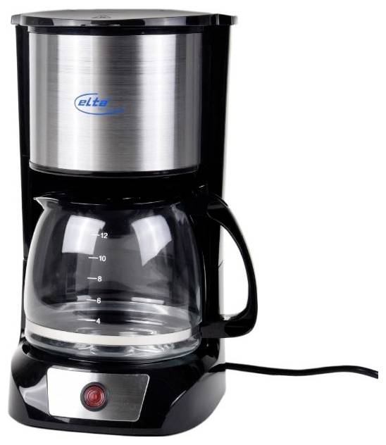 Schwarze und rostfreie Stahl-Tropfkaffeemaschine mit Glaskanne und sichtbarem Stromkabel auf weißem Hintergrund
