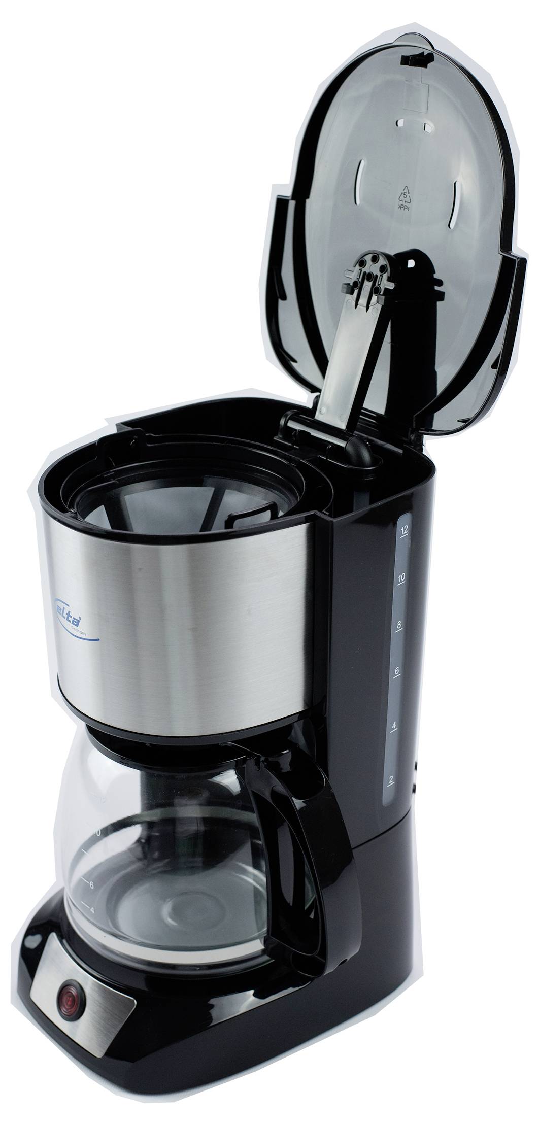 Edelstahl-Tropfkaffeemaschine mit Glaskanne, offener Deckel und abnehmbarem Filterkorb auf schwarzem Sockel.