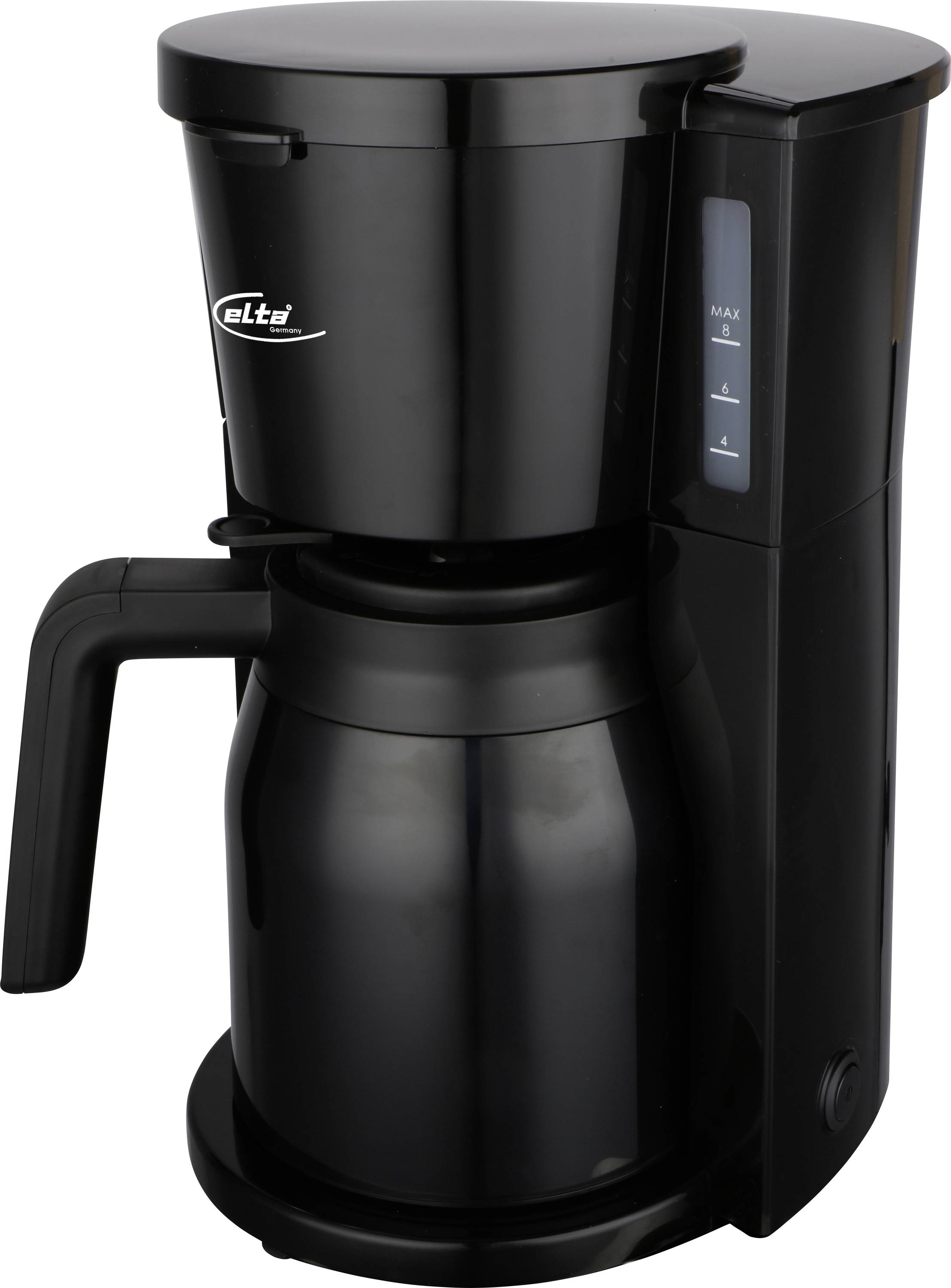 Weiße Tropfkaffeemaschine mit Glaskanne, Wasserstandsfenster und abnehmbarem Filterkorb