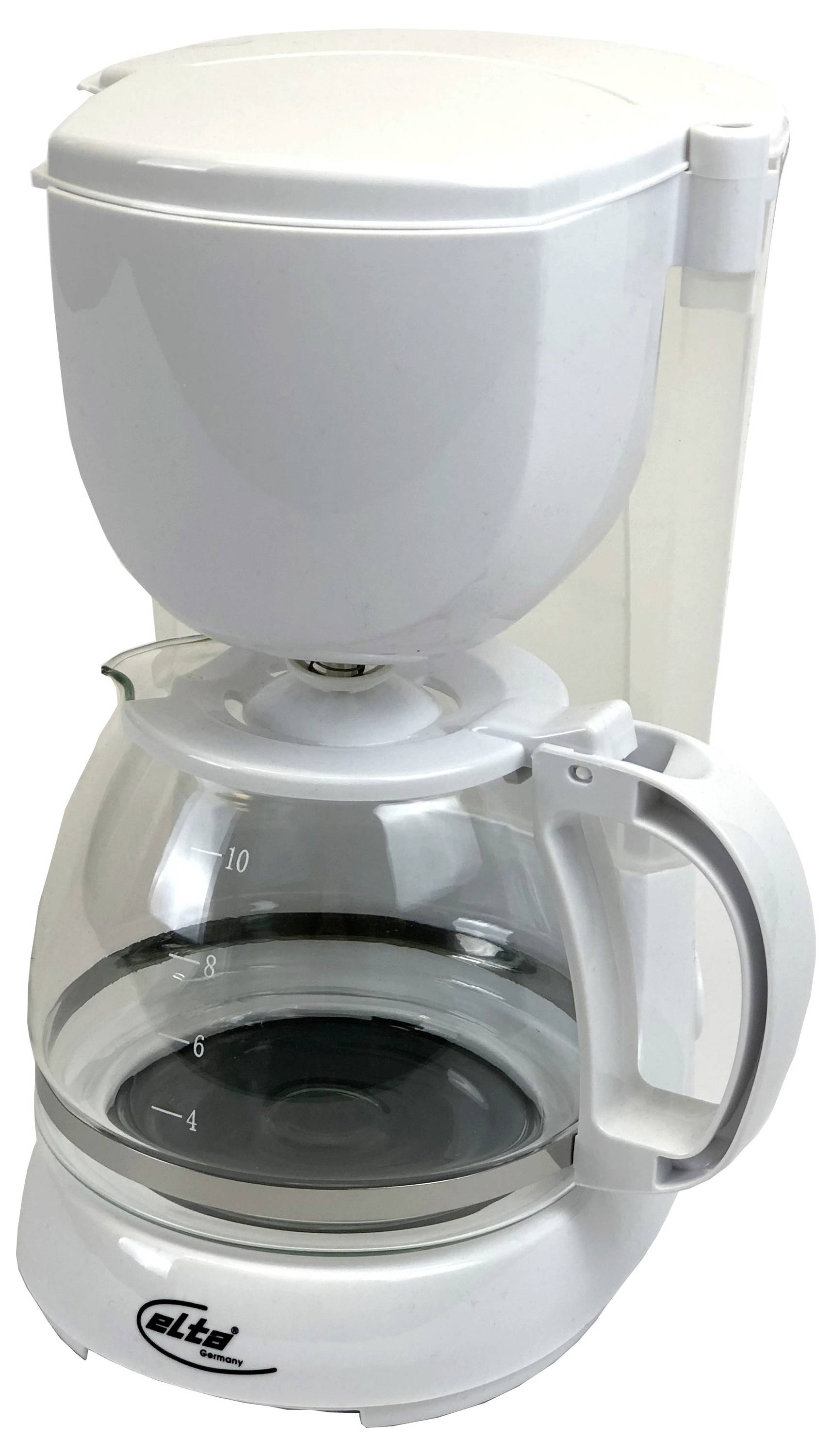 Weiße Tropfkaffeemaschine mit Glaskanne auf weißem Hintergrund.