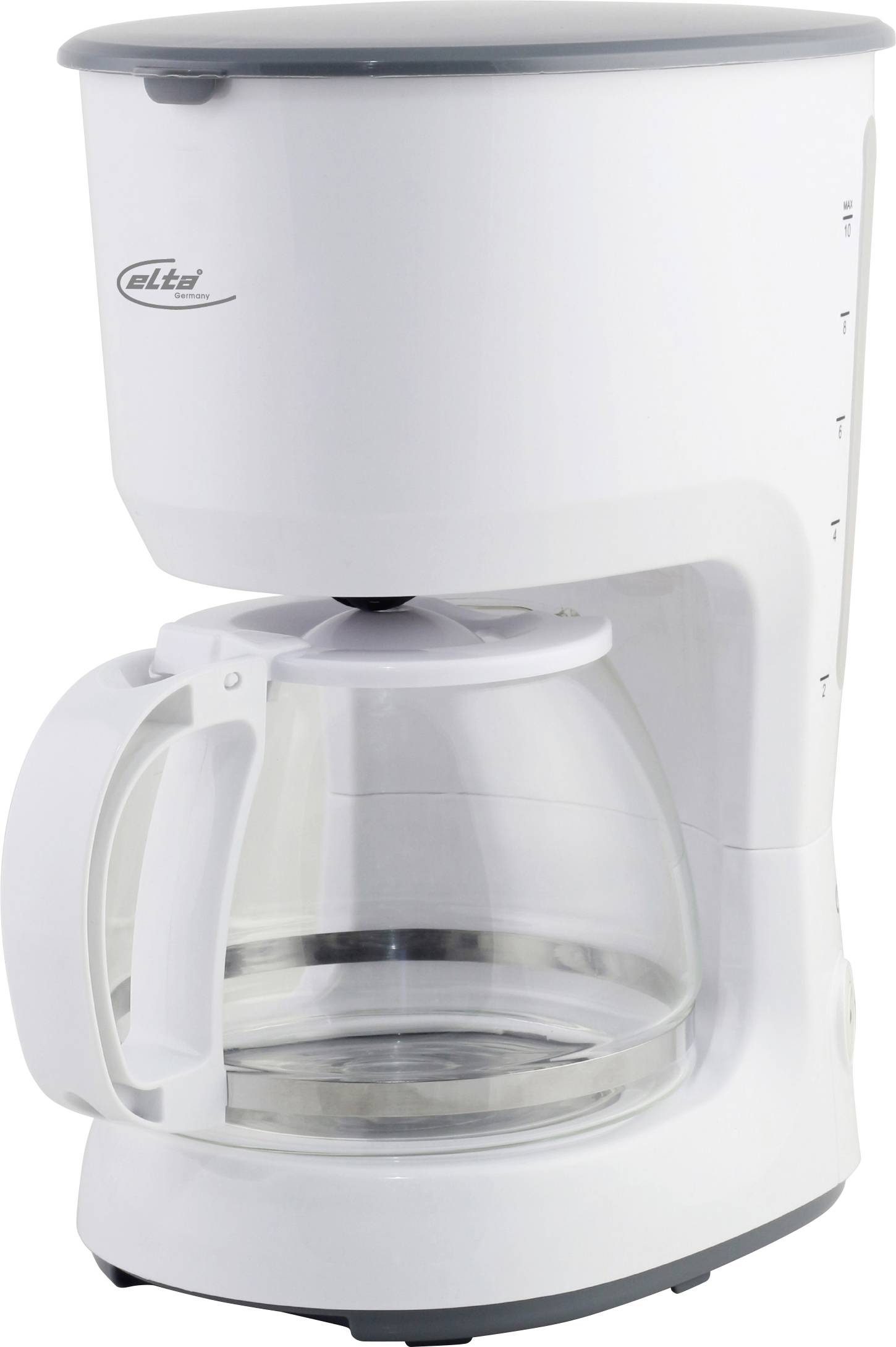 Weiße Tropfkaffeemaschine mit Glaskanne und schwarzem Deckel auf einfachem Hintergrund.