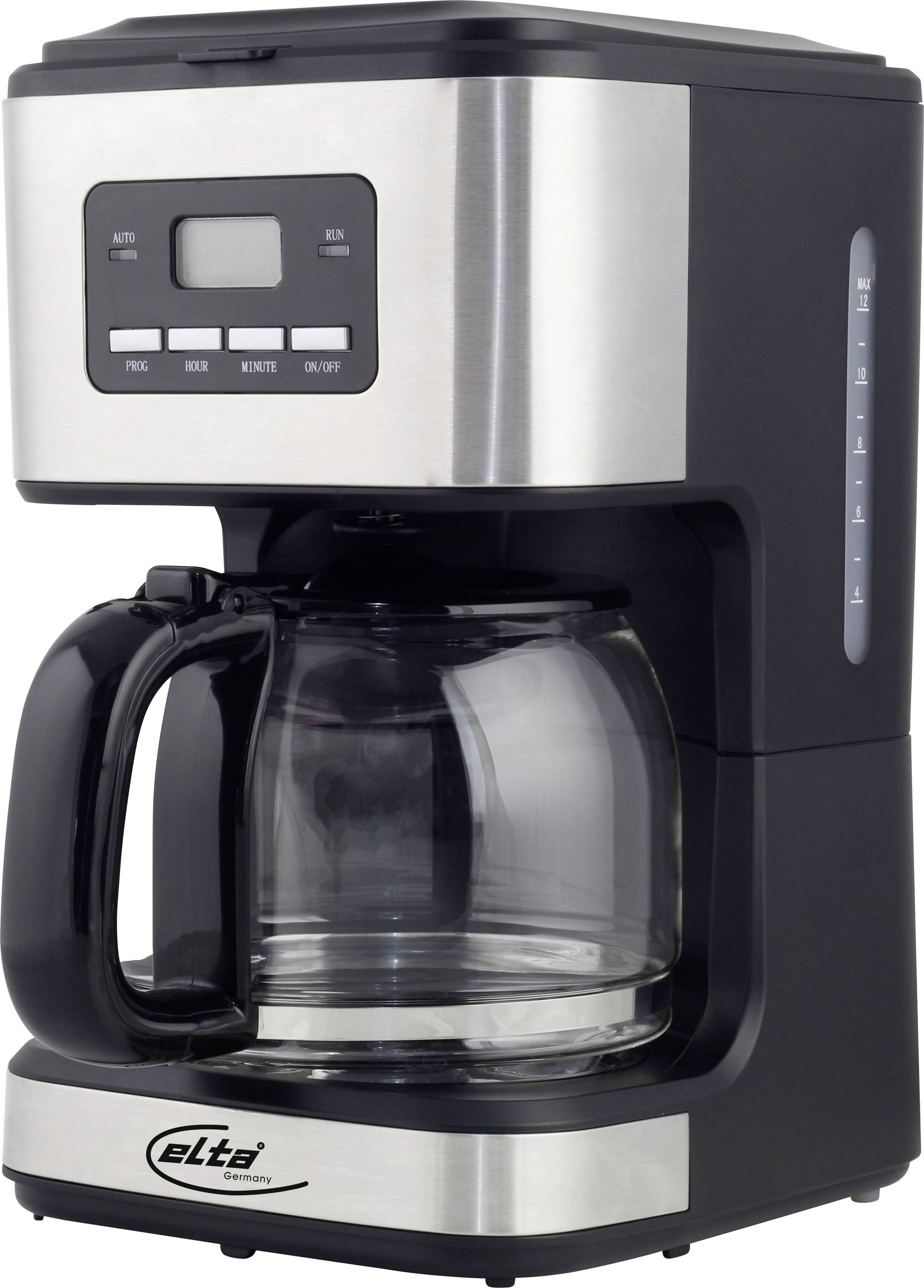 Edelstahlkaffeemaschine mit schwarzem Tropfverschluss, Glaskanne, digitalen Bedienelementen und Wasserstandsanzeige.