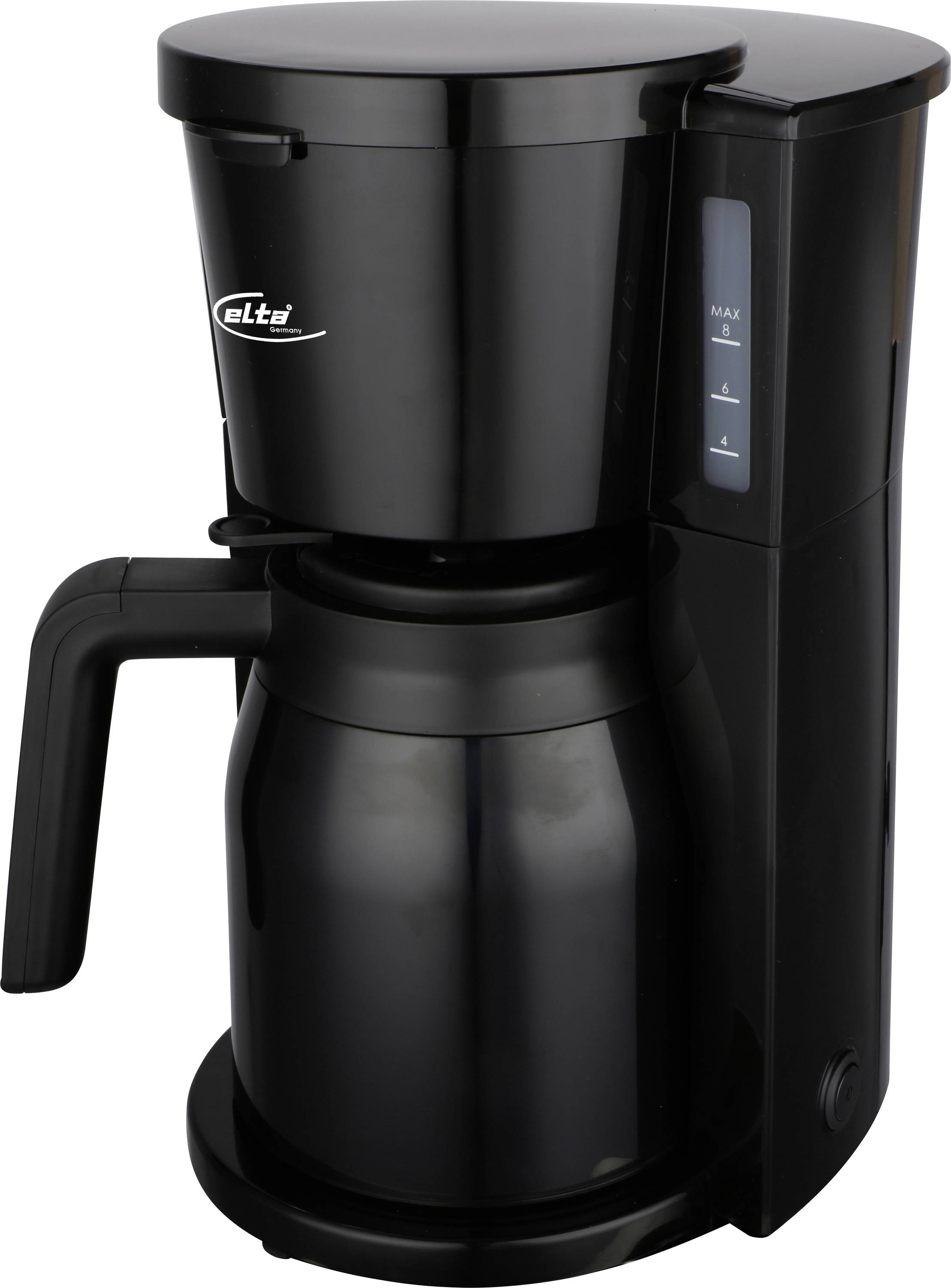 Schwarze elektrische Tropfkaffeemaschine mit Glaskanne und Wasserstandsfenster, in Seitenansicht dargestellt.