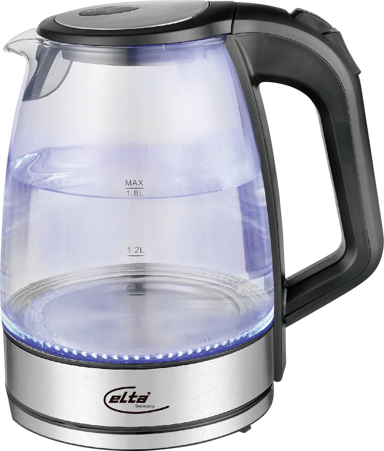 Elektrischer Glaskrug mit schwarzem Griff und Deckel, zeigt Wasserstandsmarkierungen und einen Edelstahlboden mit blauem LED-Licht.