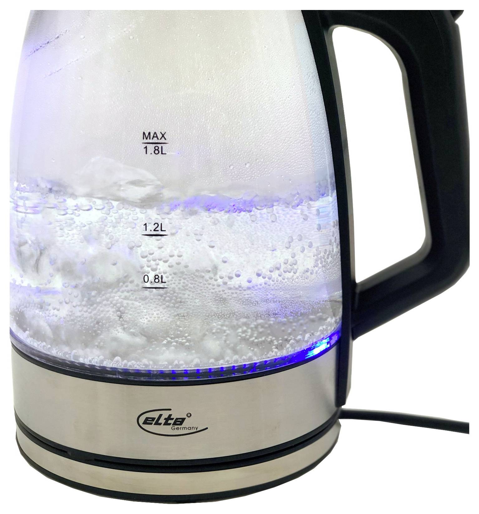 Elektrischer Glaskran zum Kochen von Wasser mit Füllstandsmarkierungen bis „MAX 1,8L" und sichtbarem blauem Anzeigelicht.