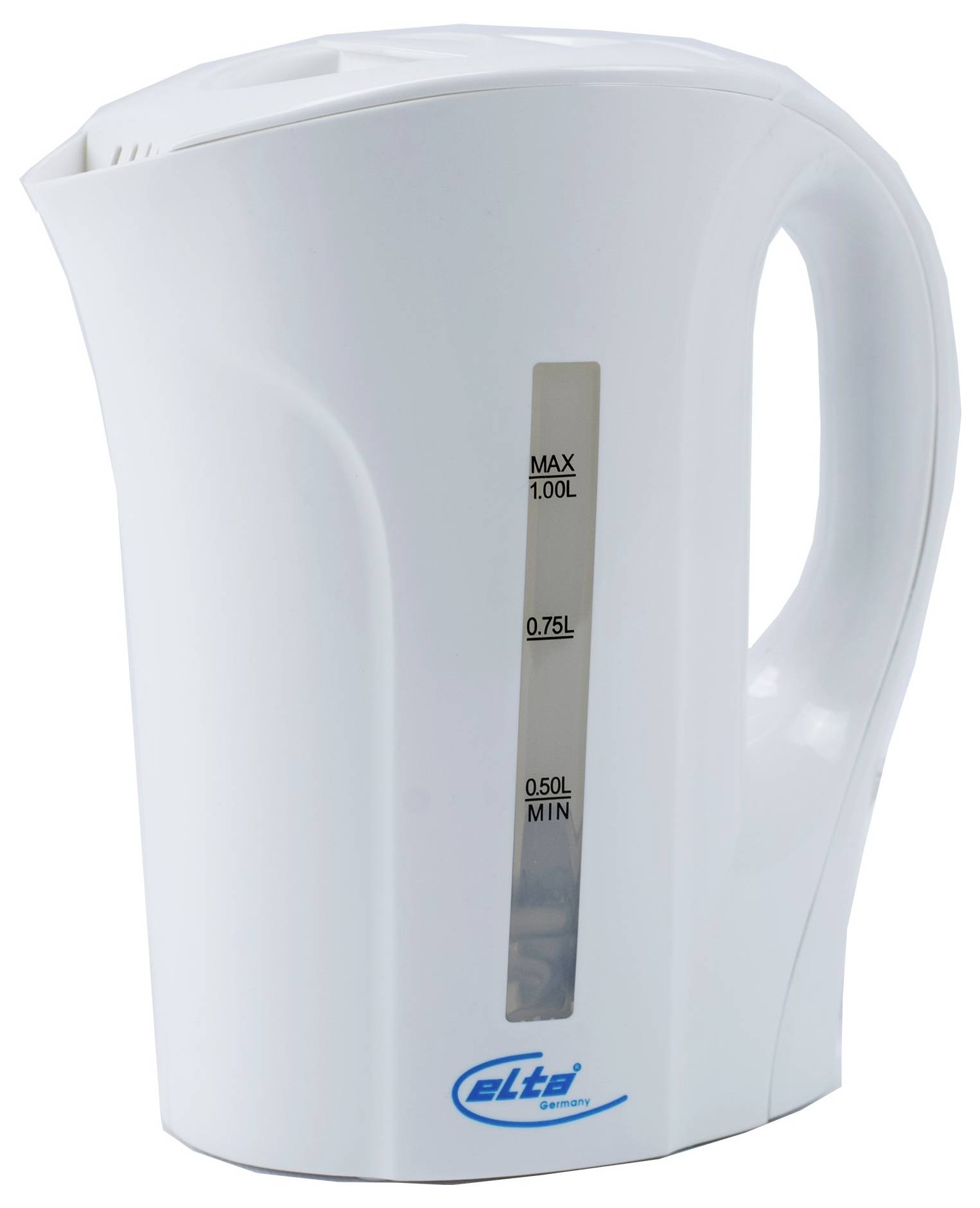 Weißer Elektrischer Wasserkocher mit Wasserstands-Sichtfenster, gekennzeichnet mit „MIN 0,50L", „0,75L" und „MAX 1,00L".