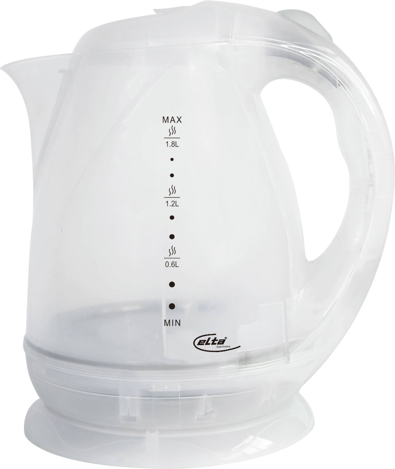 Transparenter elektrischer Wasserkocher mit Wasserstandsmarkierungen bis zu 1,8 L und großem Griff auf einem Sockel.