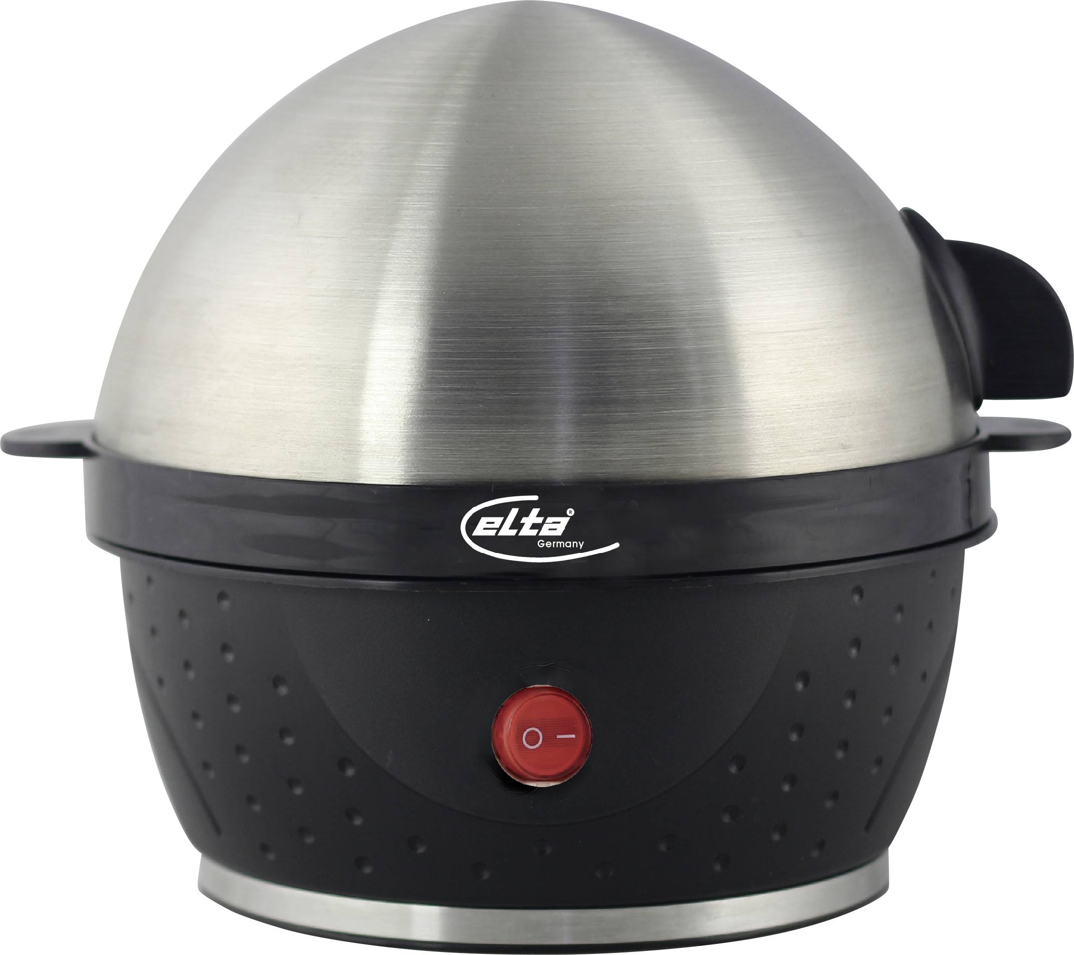 Edelstahl- und schwarzer elektrischer Tischgrill mit rotem Schalter und Elta-Logo auf der Vorderseite.