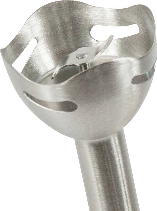 Nahaufnahme eines Stahlblatts aus rostfreiem Stahl eines Stabmixers mit schützender glockenförmiger Schutzvorrichtung.
