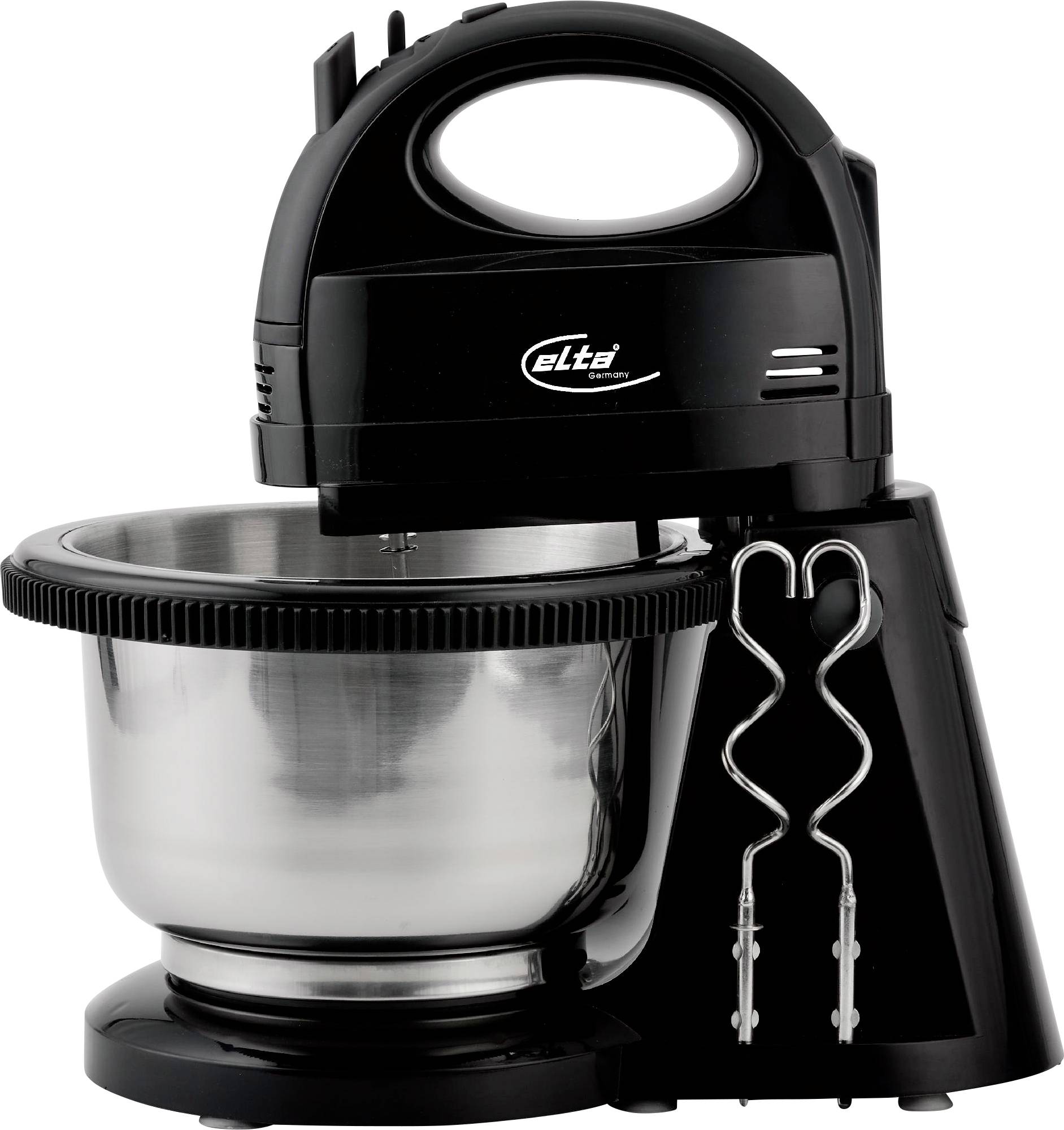 Schwarzer elektrischer Standmixer mit Edelstahlschüssel und doppelten Rührern, die seitlich angebracht sind.