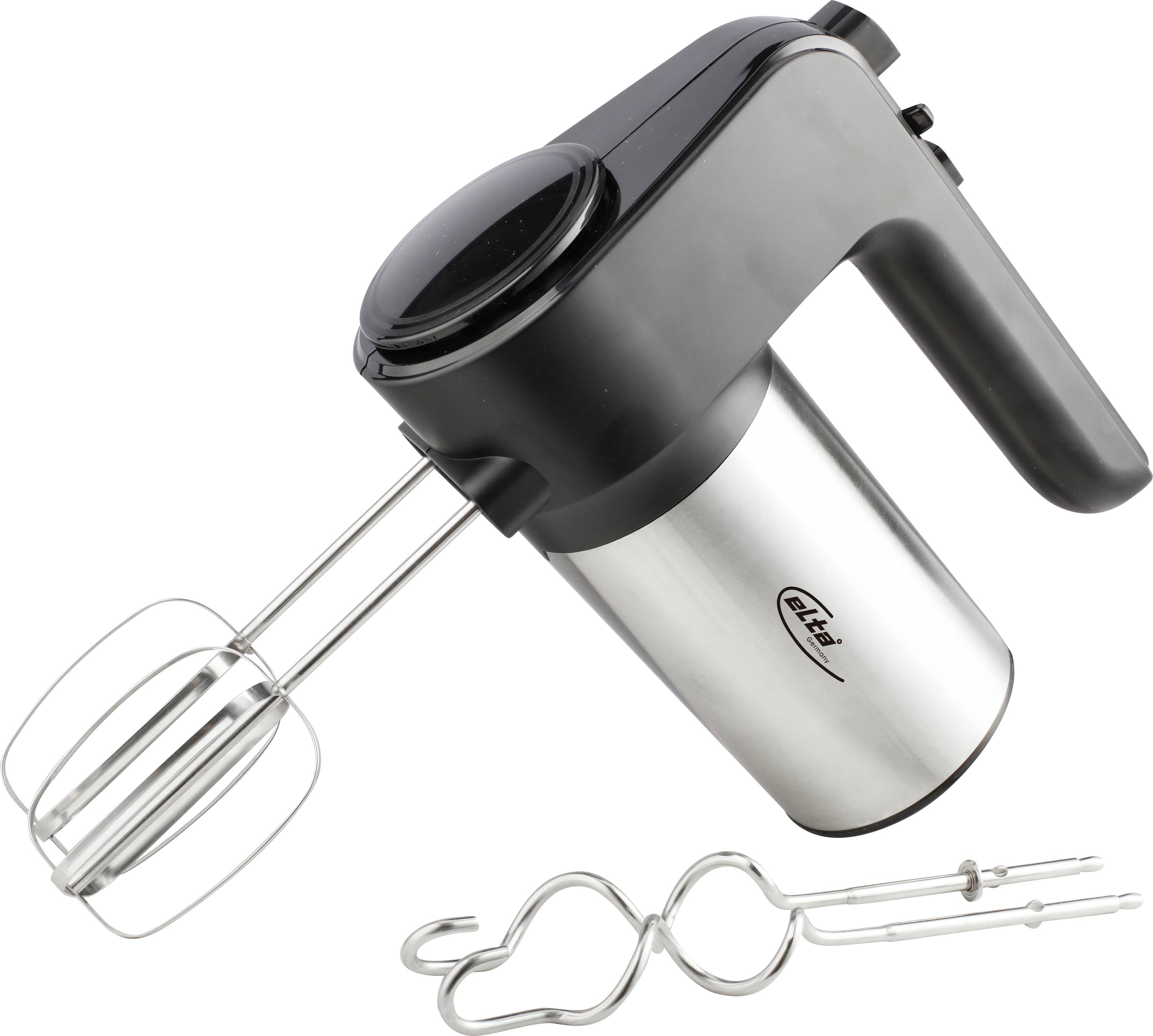 Tragbarer elektrischer Mixer mit zwei Rührbesen und zwei Knethaken auf weißem Hintergrund.