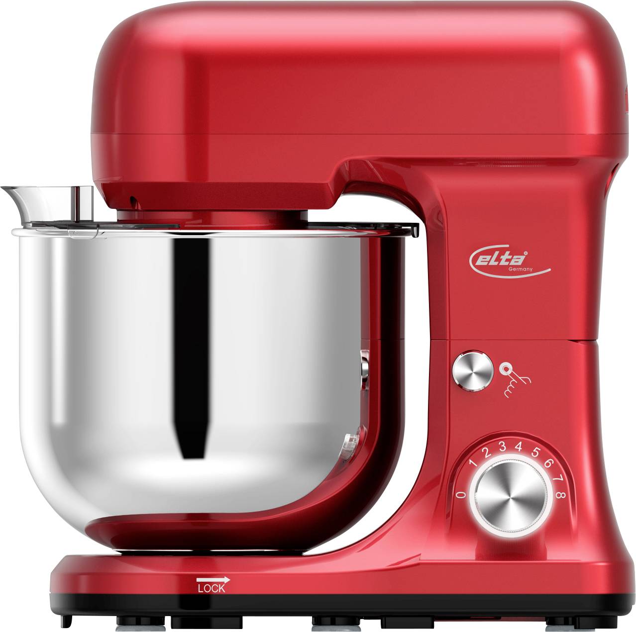 Roter Standmixer mit Edelstahlschüssel und Kippkopf-Design, ausgestattet mit einem Bedienungsknopf und Logo auf der Seite.