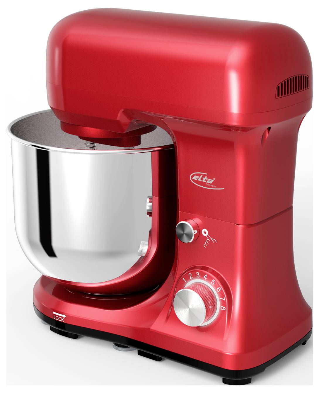Roter Standmixer mit einer Edelstahlmischschüssel und Bedienregler auf weißem Hintergrund.