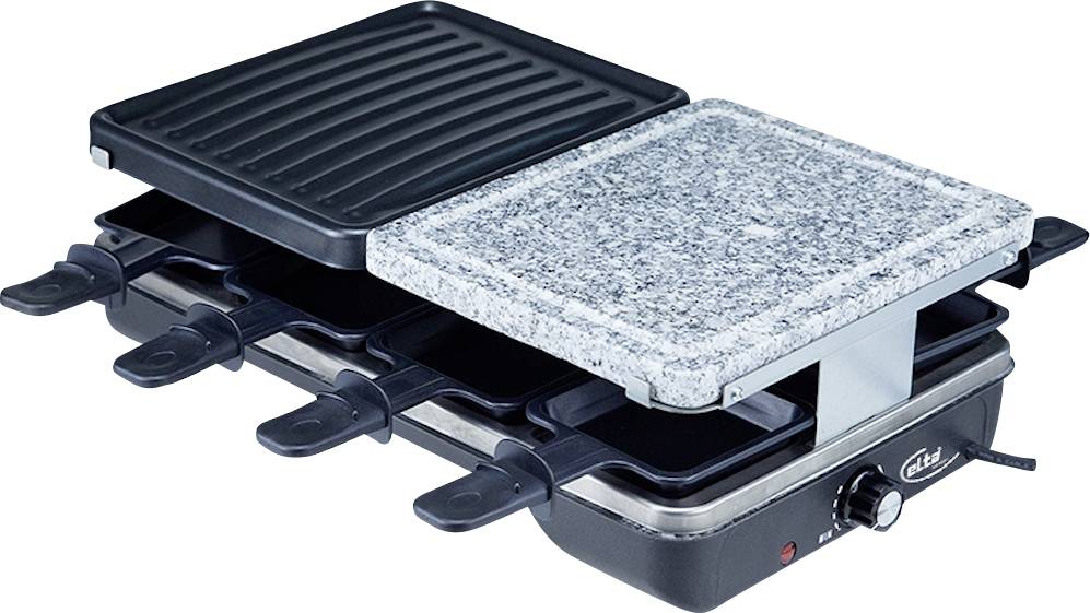 Elektrischer Tischgrill mit einer gerillten Kochplatte auf der linken Seite und einer heißen Steinplatte auf der rechten Seite zum gleichzeitigen Grillen mehrerer Lebensmittel.