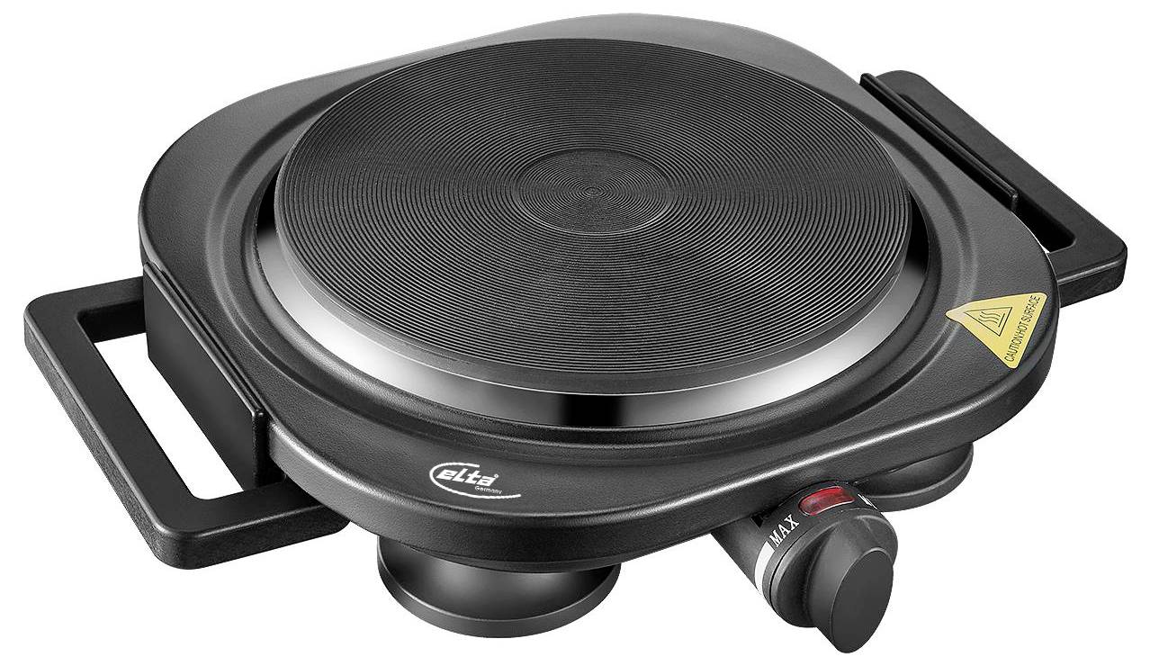 Schwarze elektrische Tischplatte-Grillplatte mit rundem Kochfeld, Seitengriffen, Temperaturregelknopf und Warnschild.