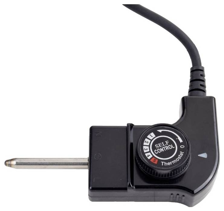 Schwarzes Elektrothermostater mit Drehregler, beschriftet mit "SELF CONTROL" und angebrachtem Metallsondenkabel.