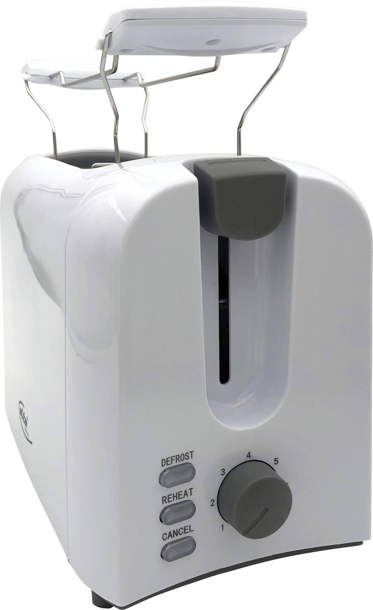 Ein silberner Zwei-Schlitz-Toaster mit einem Hebel, einem Reglerdrehknopf und Tasten mit den Aufschriften 