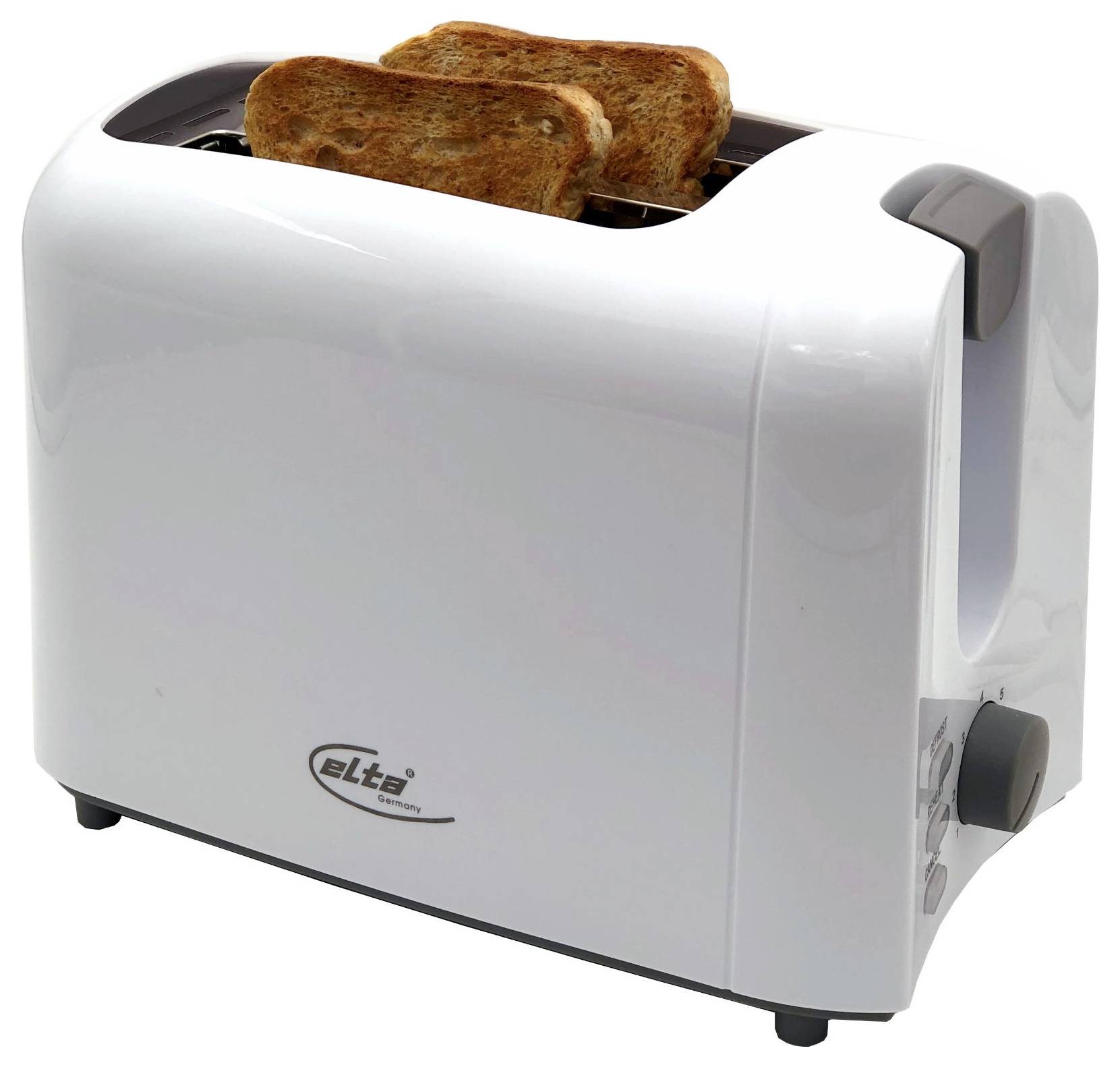 Weißer Zwei-Schlitz-Toaster mit zwei Scheiben getoastetes Brot auf einfachem Hintergrund.