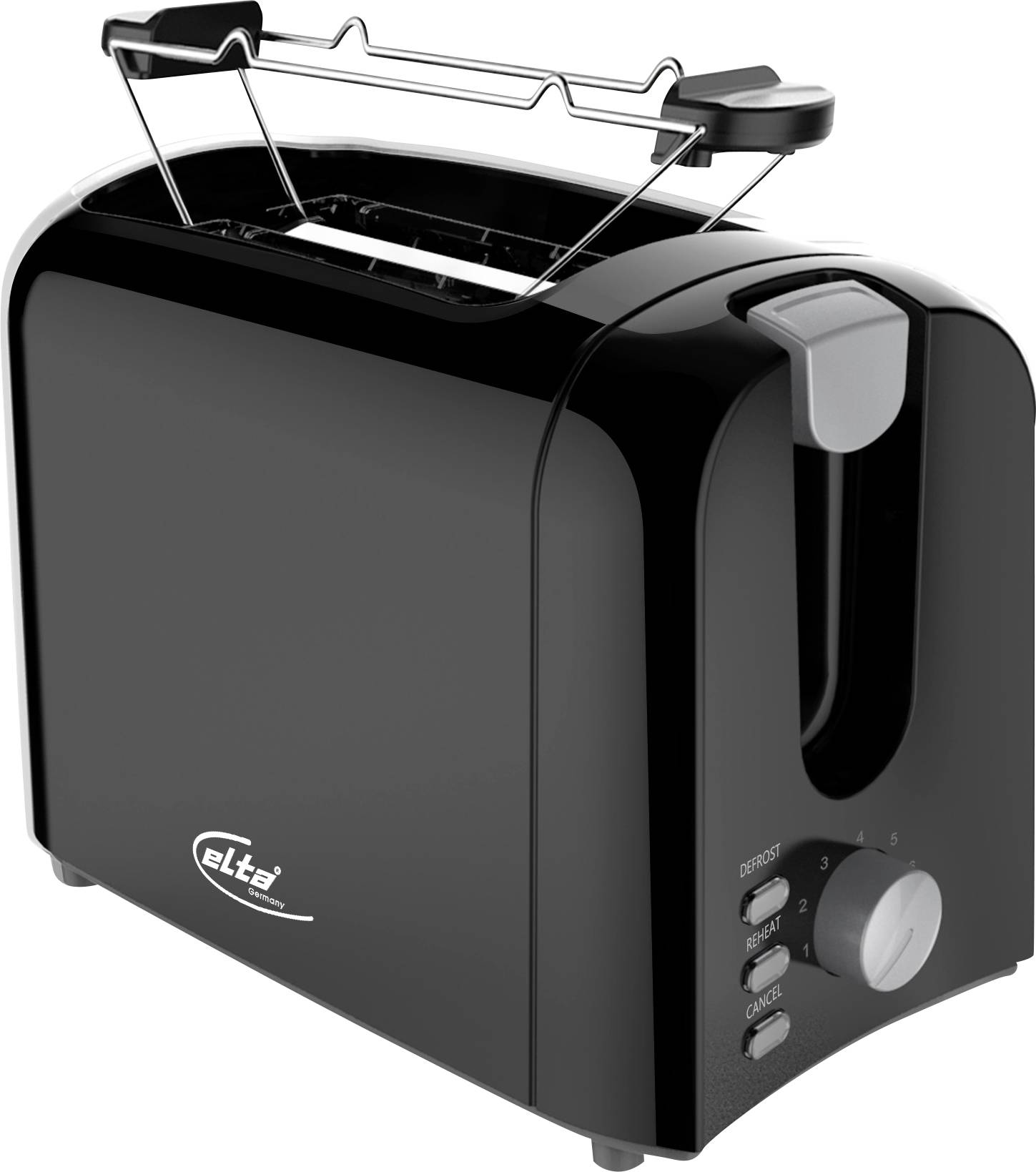 Schwarzer Zwei-Scheiben-Toaster mit Brotschlitzen oben, Hebel und Bräunungsregler an der Vorderseite, vor weißem Hintergrund gezeigt.