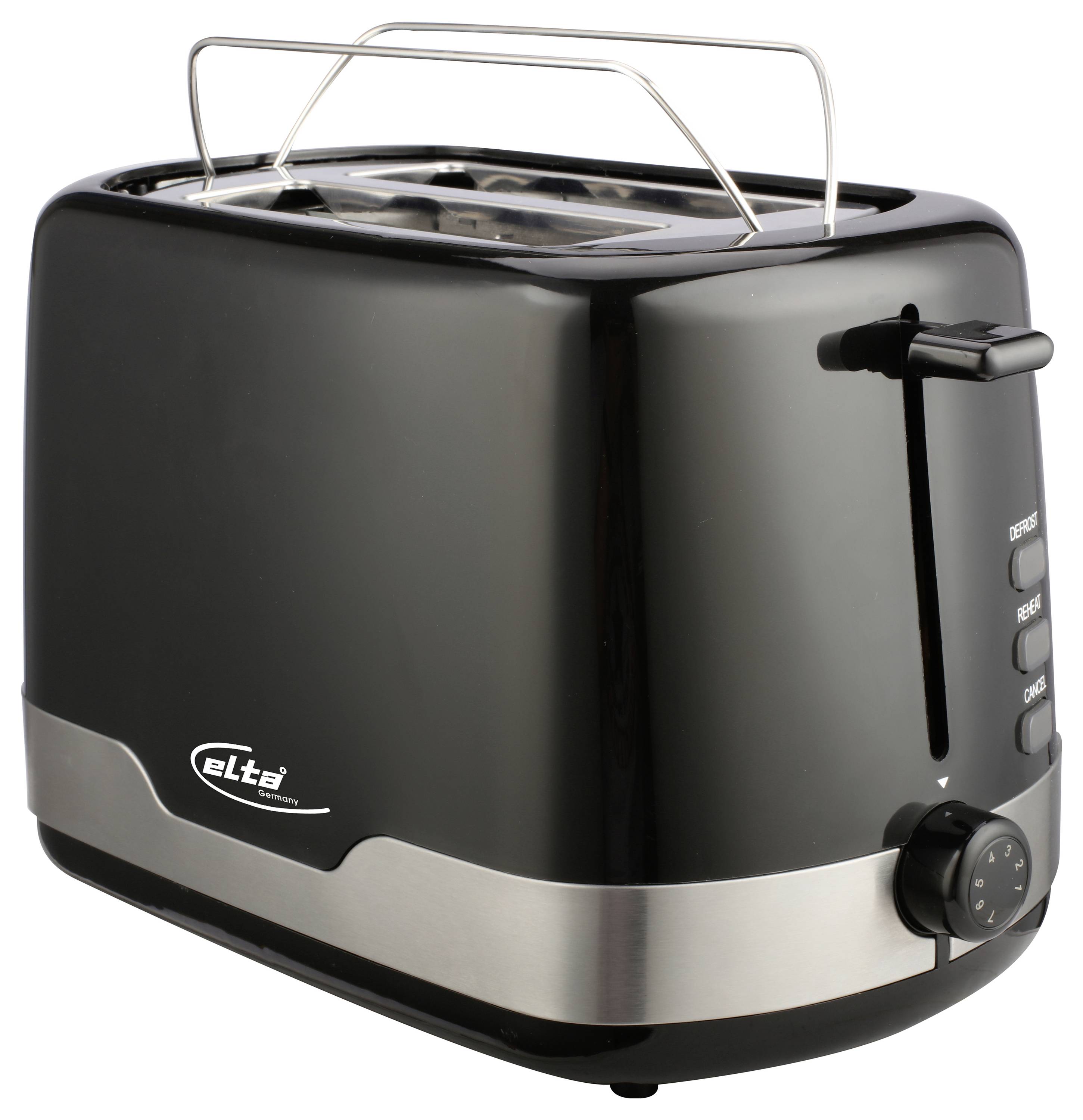 Schwarzer Vier-Scheiben-Toaster mit Edelstahlblende, Hebel, Bräunungsregler und sichtbaren Bedienelementen auf der rechten Seite.