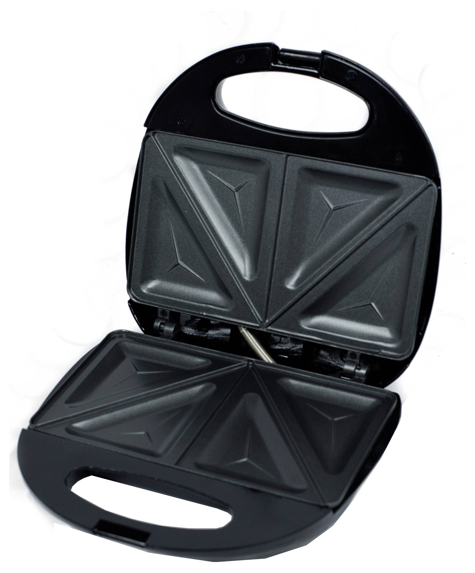Offene schwarze Sandwichpresse mit zwei dreieckigen Kochplatten auf weißem Hintergrund.