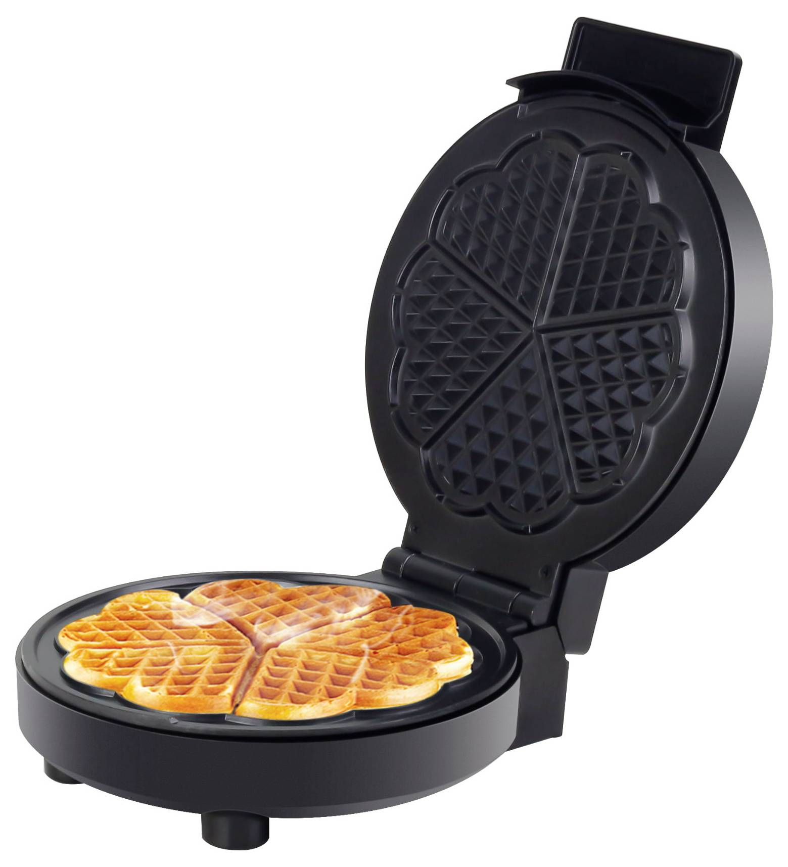 Offener schwarzer Waffeleisen mit einer blütenförmigen Waffel, die darin kocht