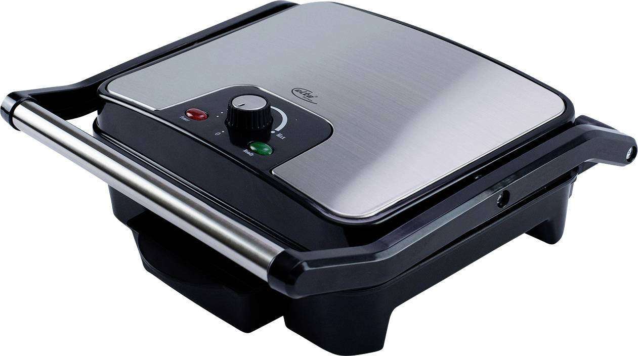 Elektrischer Kontaktgrill oder Sandwichpresse mit Edelstahldeckel, Bedienungsknopf und Kontrollleuchten auf weißem Hintergrund.