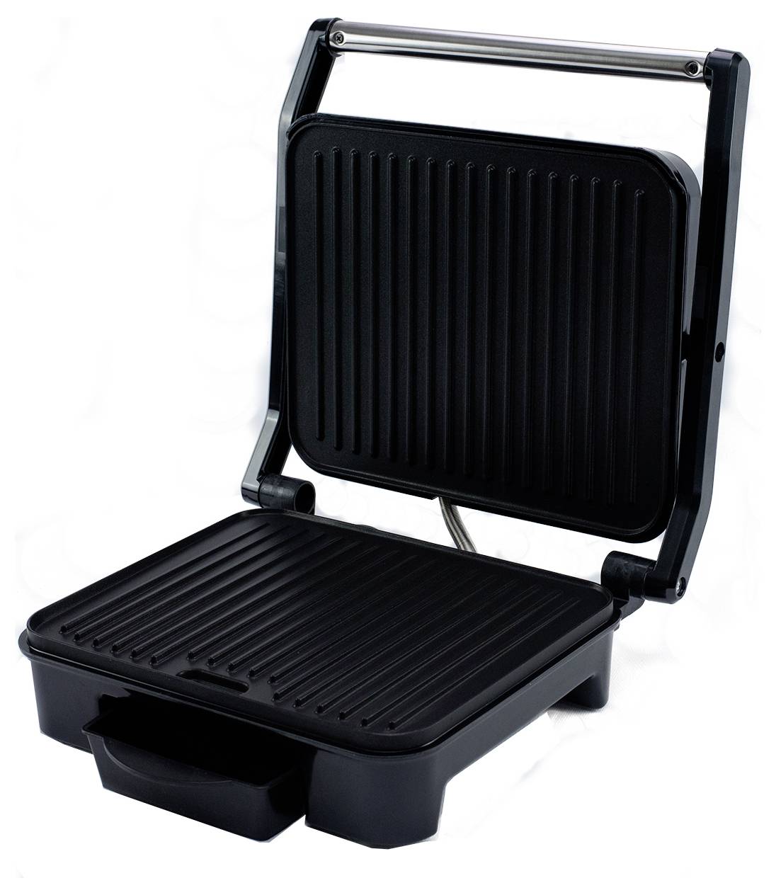 Offener elektrischer Kontaktgrill mit gerippten Ober- und Unterplatten, schwarzem Außengehäuse und vorderer Auffangschale.