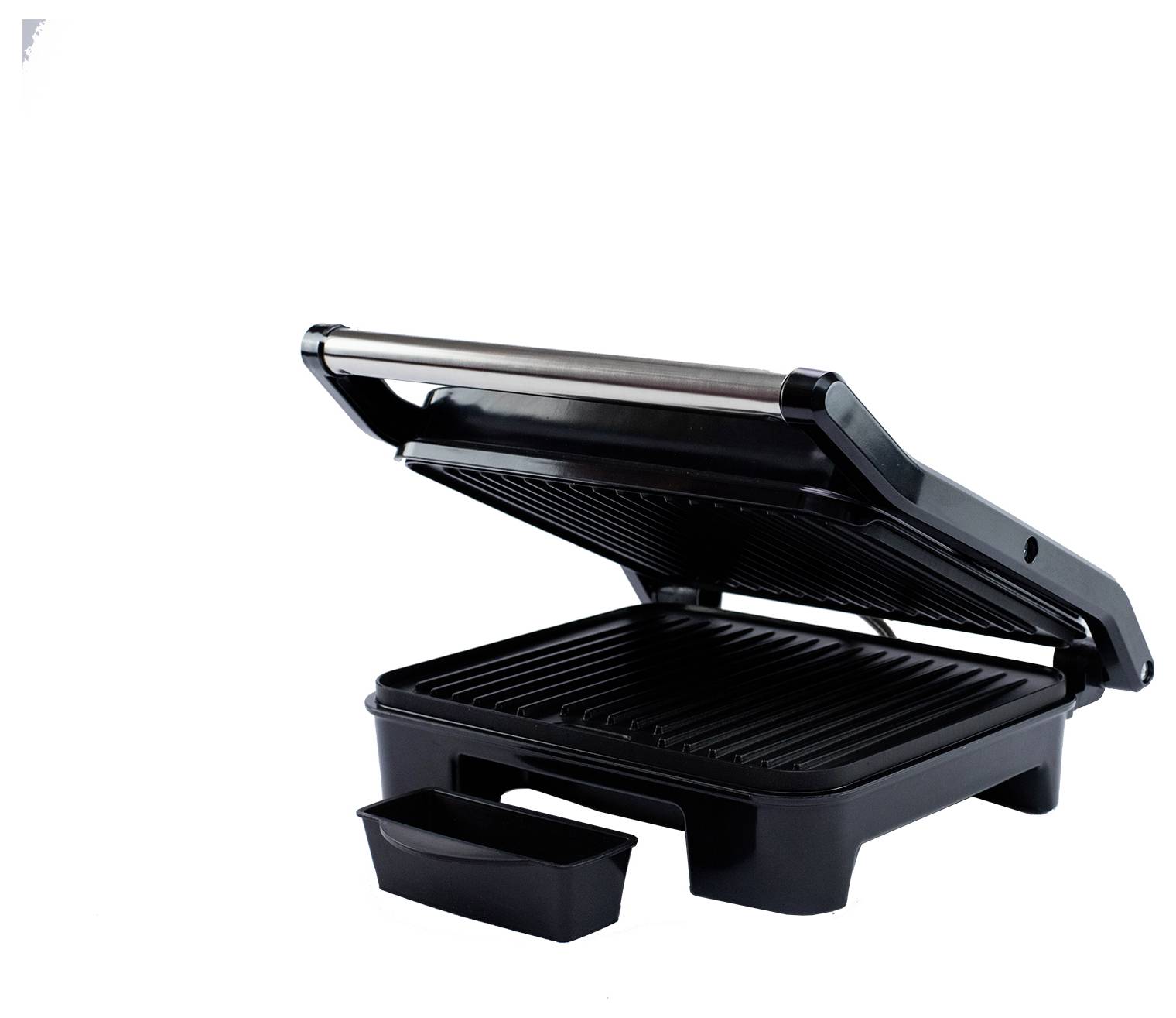 Offener elektrischer Sandwich-Grill mit gerillten Platten und abnehmbarem Fett-Auffangbehälter auf weißem Hintergrund.