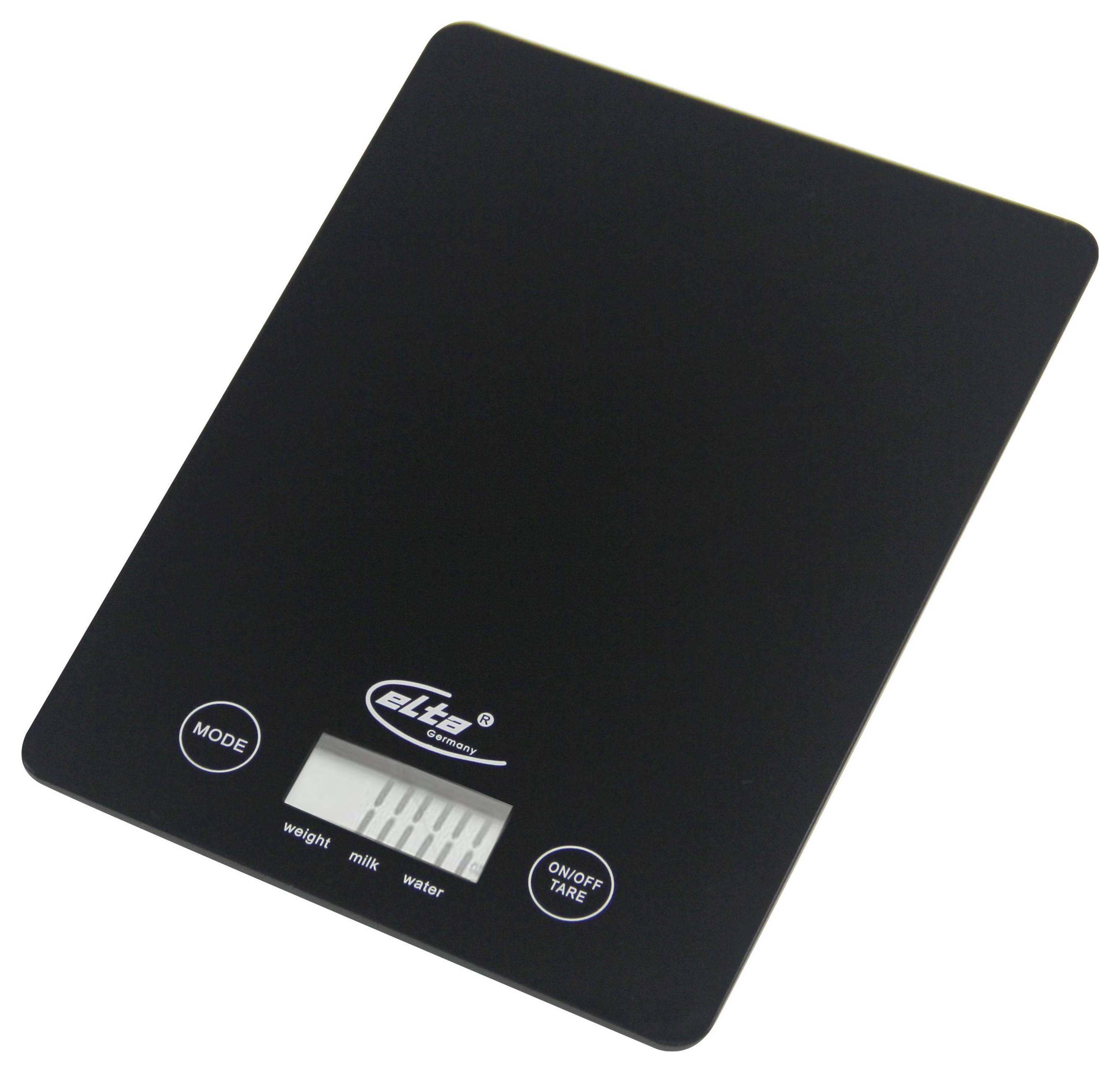 Digitale schwarze Küchenwaage mit LCD-Display und Tasten für „MODE" und „ON/OFF TARE", beschriftet für Gewicht, Milch und Wasser.
