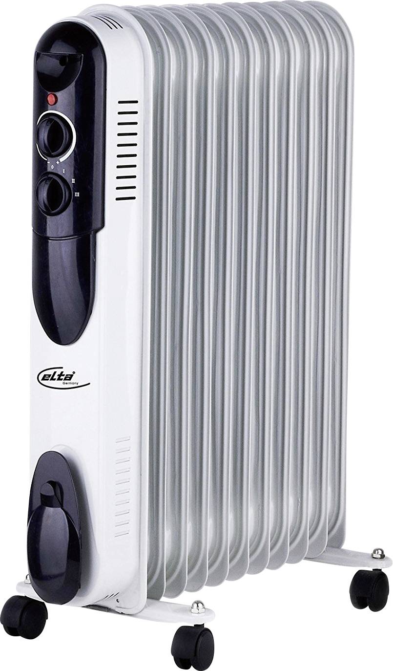Tragbarer elektrischer Ölradiator mit Rädern, weiß und silber, auf einfachem Hintergrund dargestellt.