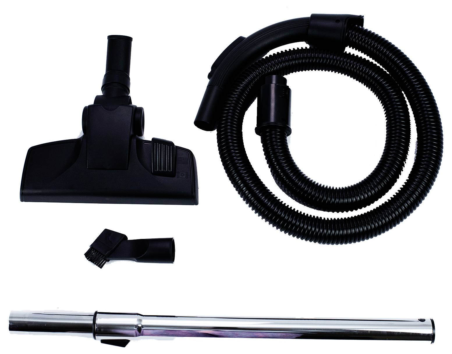 Staubsaugerzubehör-Set mit Bodendüse, Schlauch, Fugendüse und Metallrohr auf weißem Hintergrund.