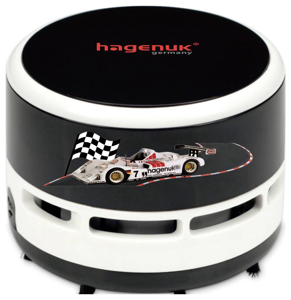 Schwarz-weißer zylindrischer Hocker mit "Hagenuk Germany"-Branding und einer Rennwagen-Grafik auf der Seite, ähnlich einem motorsportthematisierten Sitz.