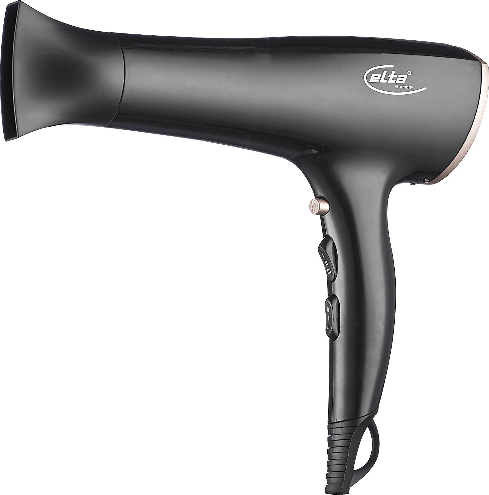 Black Elta hair dryer on a white background, shown in side view with nozzle, handle controls, and cord loop visible.Schwarzer Elta-Haartrockner auf weißem Hintergrund, in Seitenansicht mit sichtbarer Düse, Griffreglern und Kabelschlaufe.