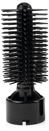 Schwarze rotierende Haarbürste mit vielen flexiblen Borsten, montiert auf einer zylindrischen Basis.