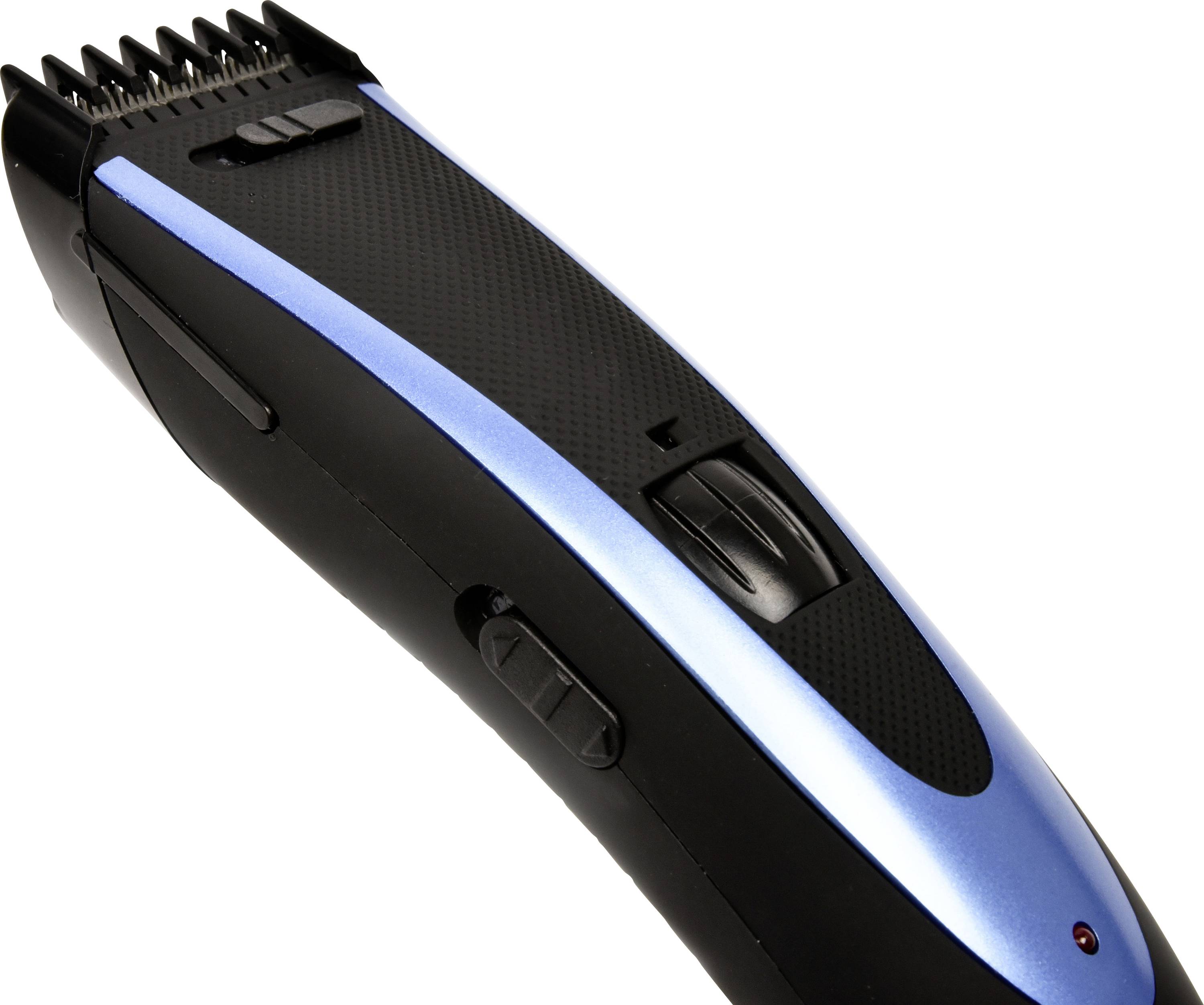 Schwarze und blaue elektrische Haarschneidemaschine mit verstellbarem Kammaufsatz, auf weißem Hintergrund gezeigt.