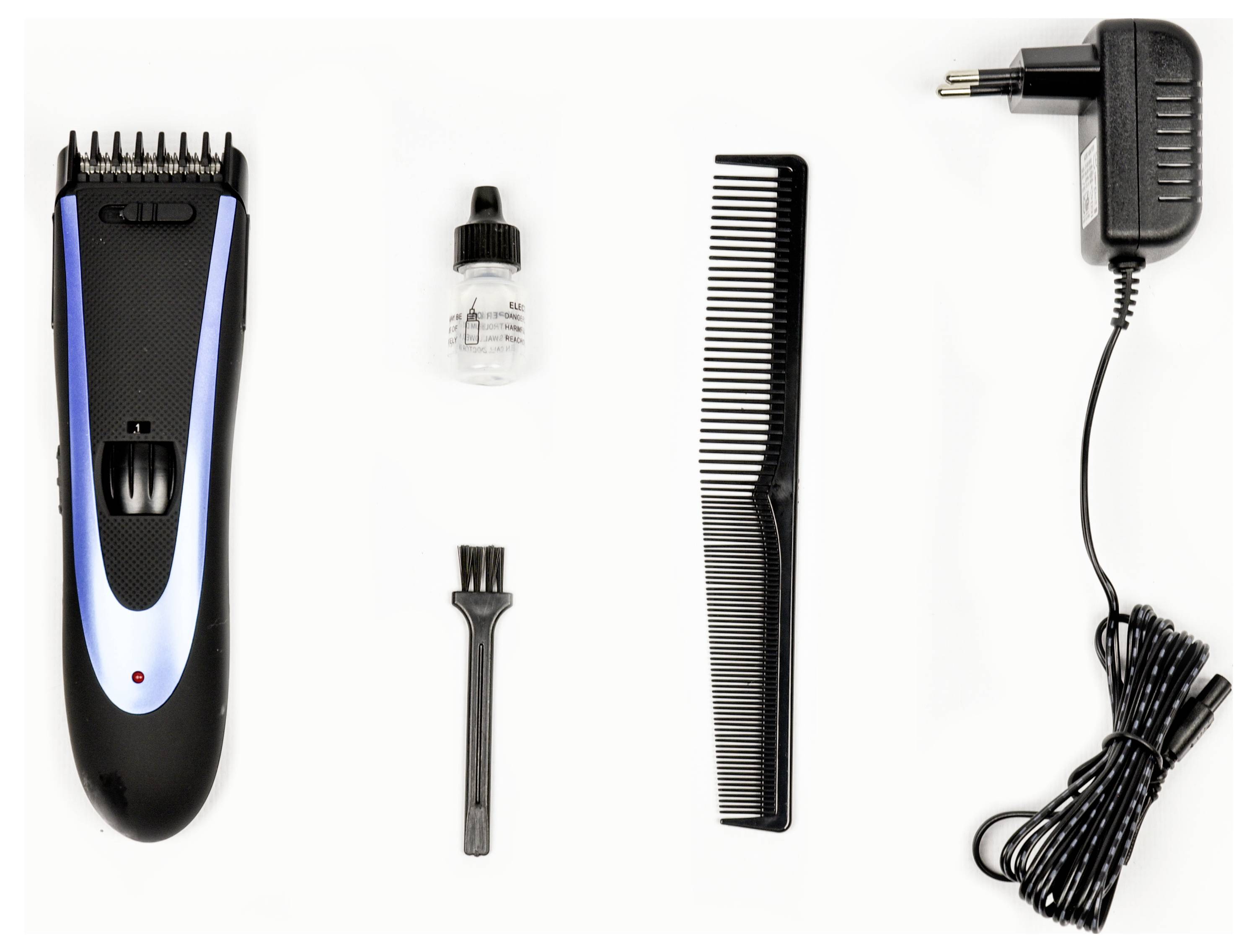 Haarschneidemaschinen-Set mit schnurlosen Trimmer, Ölflasche, Reinigungsbürste, Kamm und Netzteil auf weißem Hintergrund angeordnet.