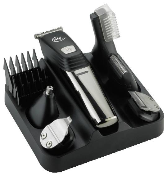 Herrengrooming-Set mit Elektrotrimmer, Schneideschutzkämmen, Nasenhaartrimmer, Bürste und Klingenaufsätzen auf Ladebasis
