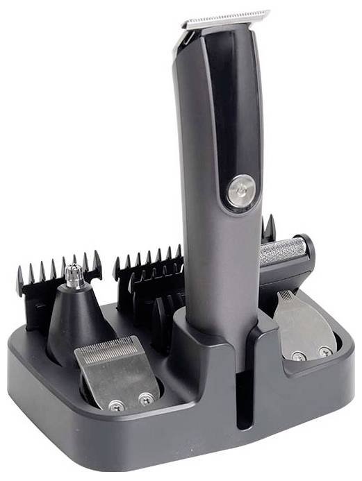 Elektrischer Grooming-Trimmer mit mehreren abnehmbaren Kamm-Aufsätzen und einer Ladestation auf weißem Hintergrund
