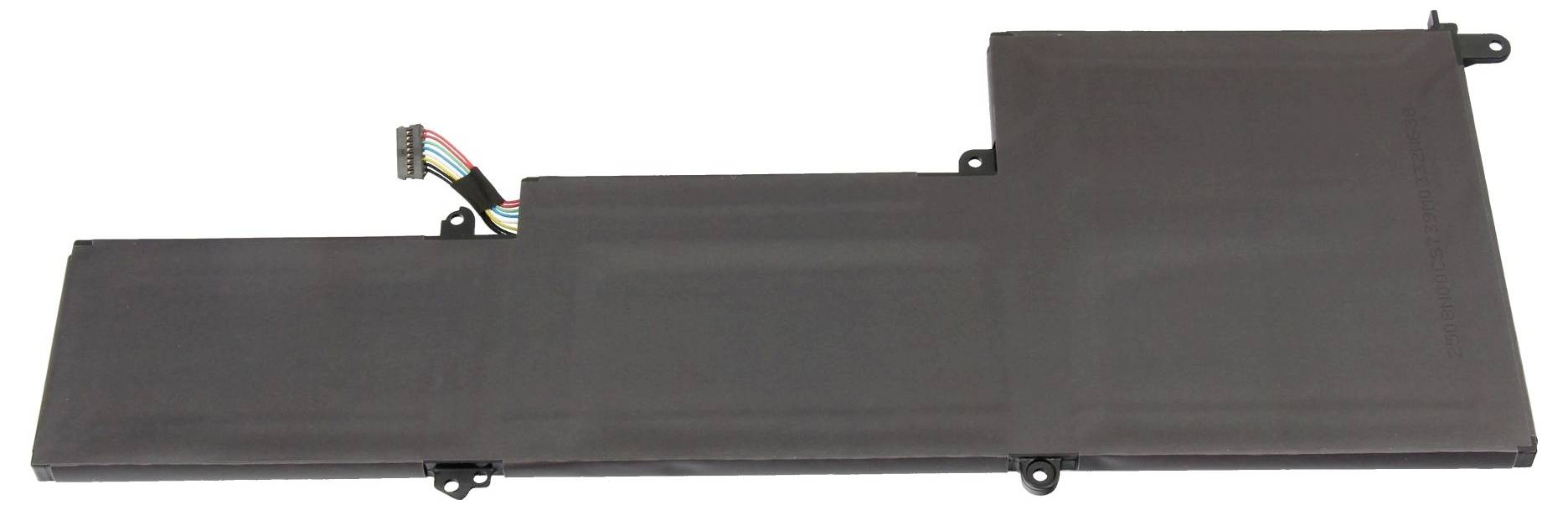 Schwarzer Laptop-Akku mit angebrachtem mehrfach-Draht-Stecker, isoliert auf weißem Hintergrund dargestellt.