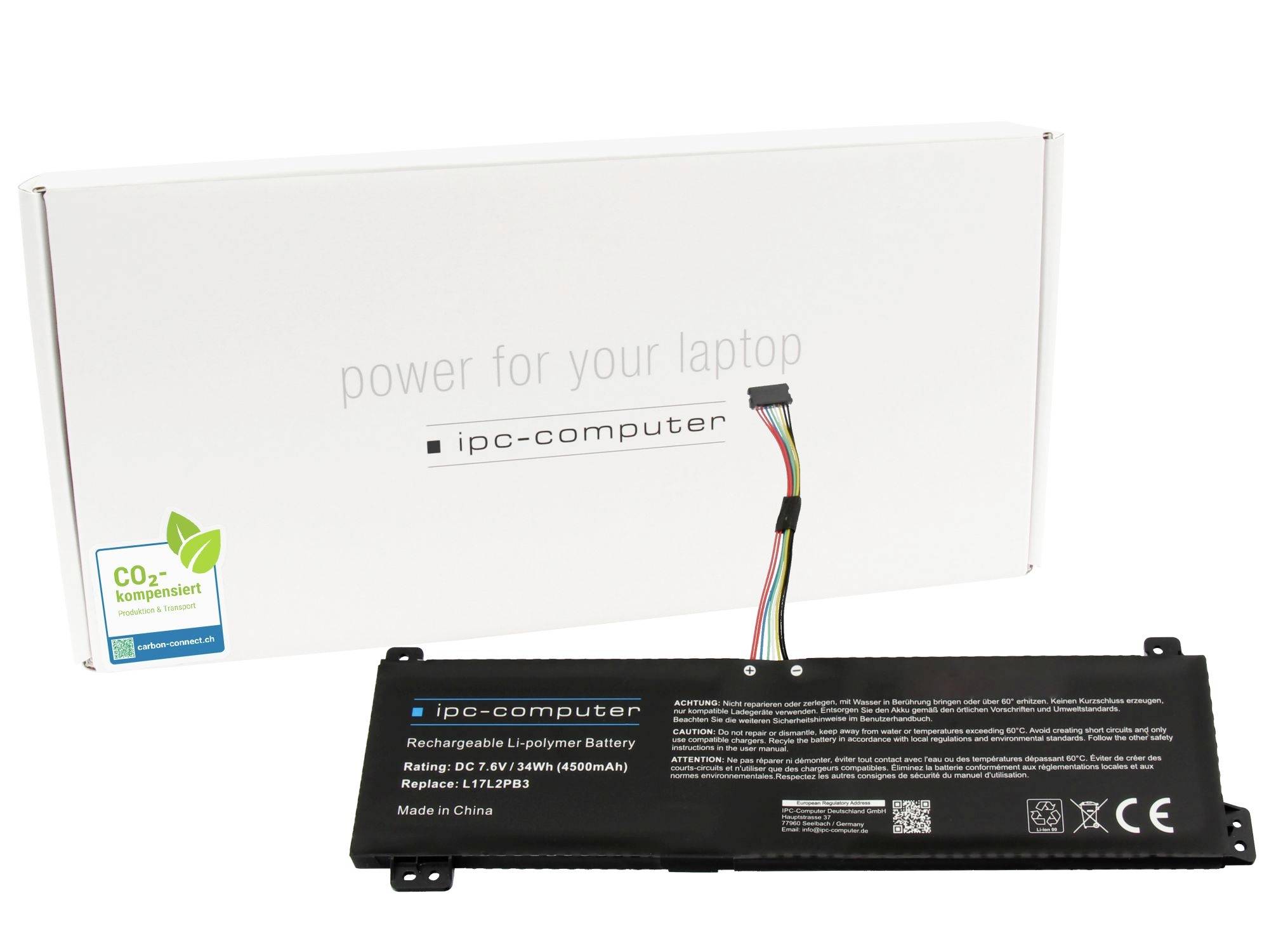 Laptop-Batteriekit mit einer langen schwarzen Ersatzbatterie und einer weißen „ipc-computer