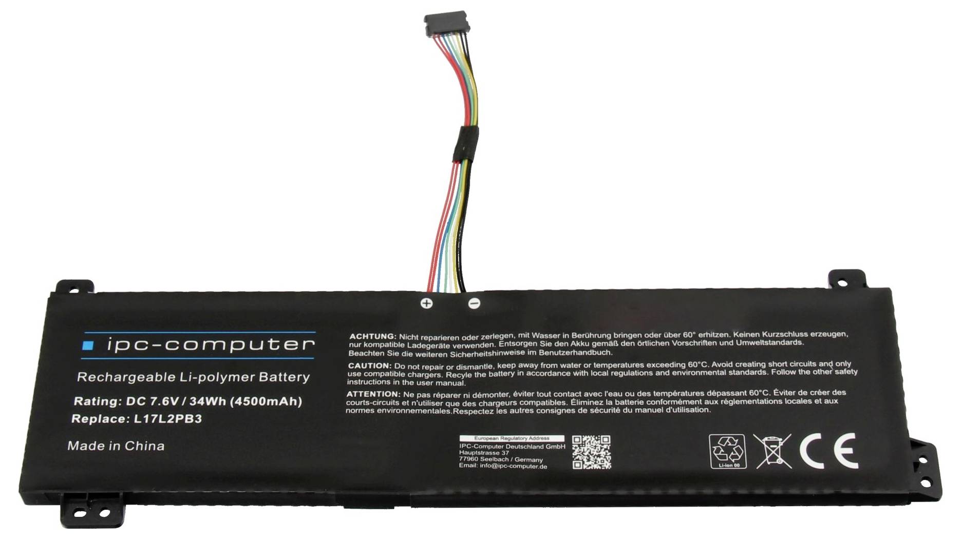 Schwarzer IPC-Computer mit wiederaufladbarem Li-Polymer-Akku, Mehrfarben-Steckverbinder und gedruckten Spezifikationen auf dem Etikett.