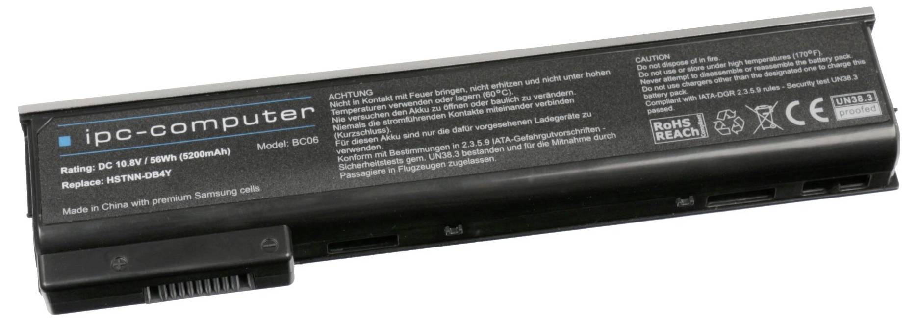 Schwarzer Laptop-Akku mit der Bezeichnung "ipc-computer" mit Warn- und Zertifizierungstext auf weißem Hintergrund.