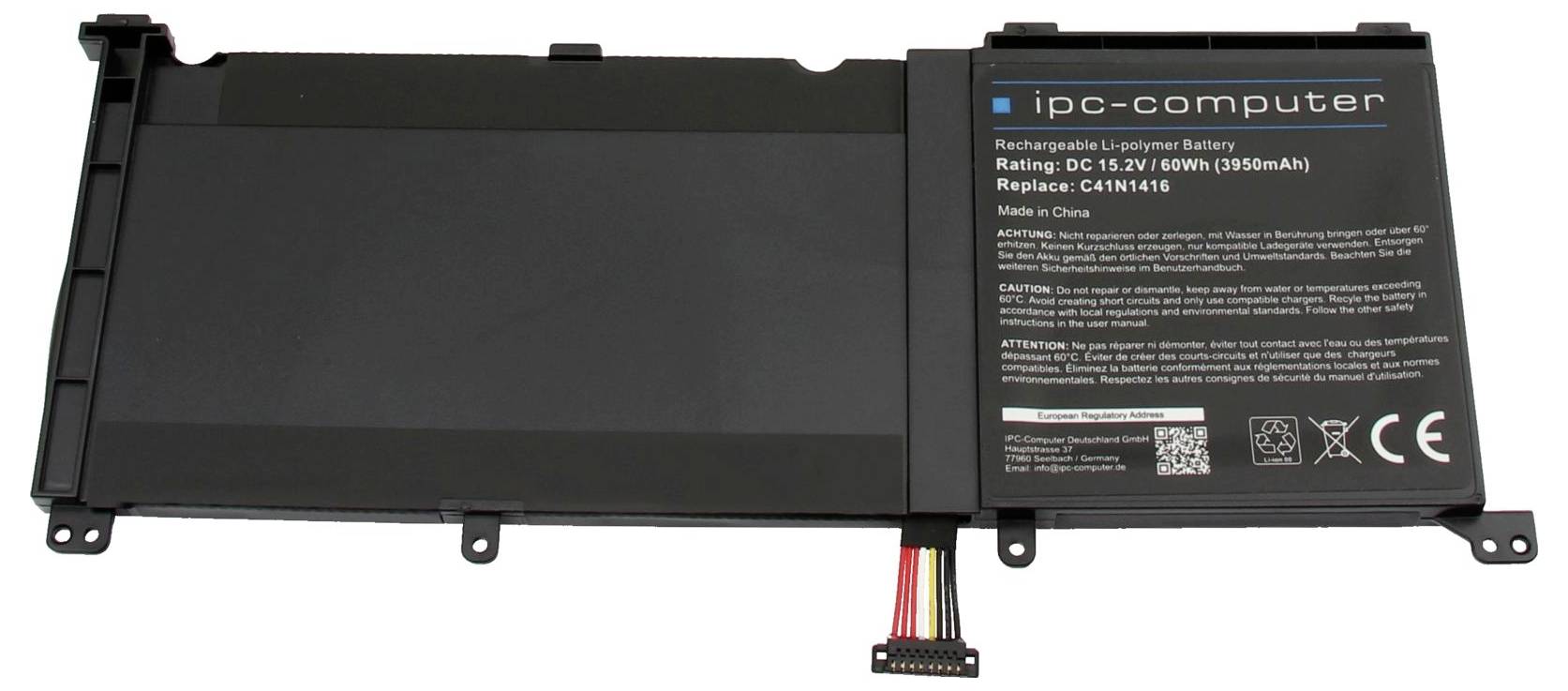 Laptop-Ersatzakkupack mit der Bezeichnung „ipc-computer" mit angeschlossenem Kabel und Befestigungslaschen, isoliert auf weißem Hintergrund dargestellt.