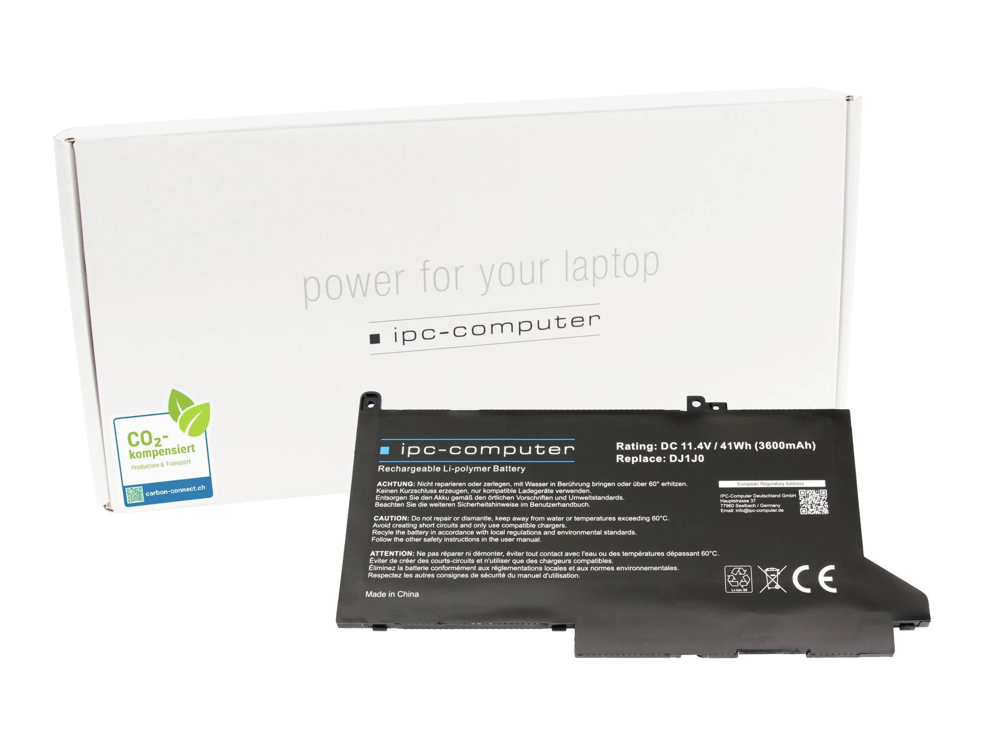 Laptop-Akkuersatz-Set mit einem schwarzen wiederaufladbaren IPC-Computer-Akku vor seiner weißen Box mit der Aufschrift „Power für Ihren Laptop