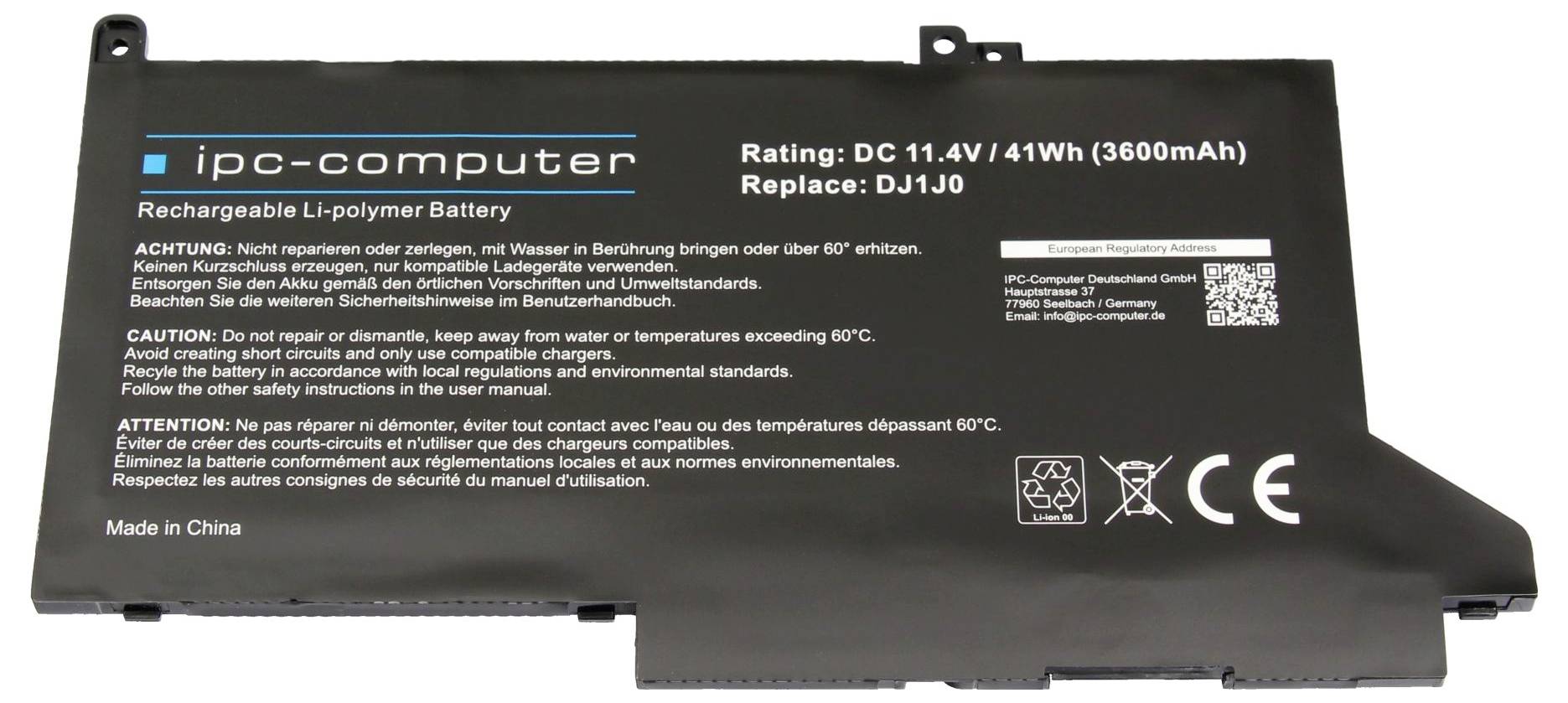 Black IPC-Computer Akku für wiederaufladbare Laptop-Batterie mit Bezeichnung "Rating: DC 11,4V / 41Wh (3600mAh)" und "Ersetzen: DJ1J0" mit Sicherheitswarnungen.