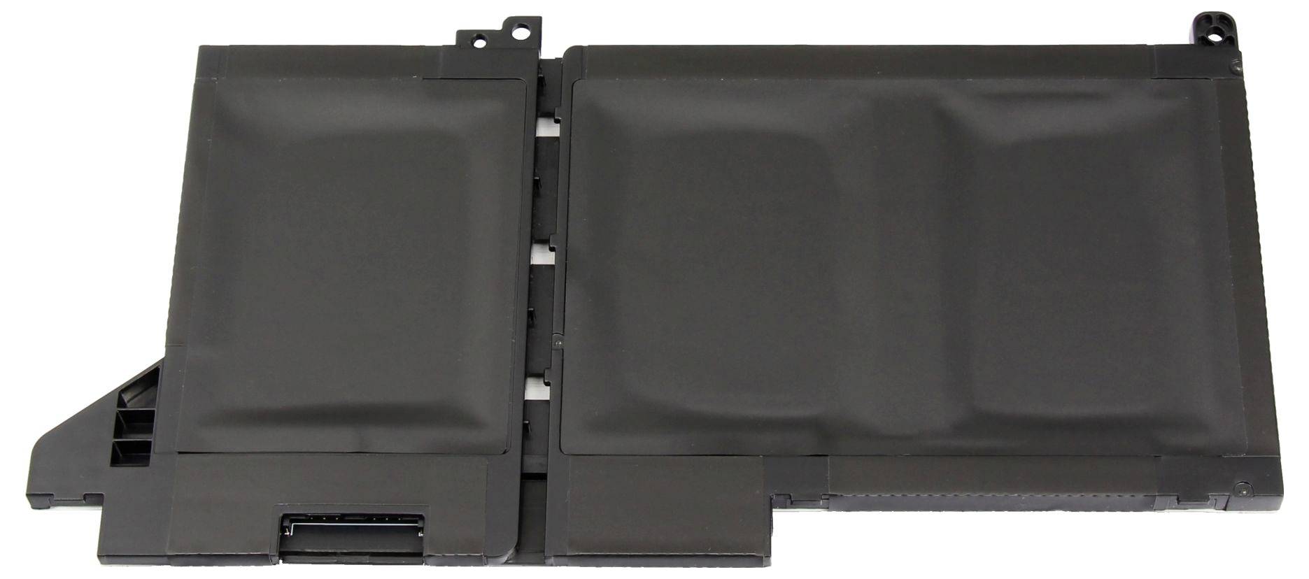 Schwarzes rechteckiges Laptop-Batteriepack mit zwei verbundenen Abschnitten, isoliert auf weißem Hintergrund dargestellt.