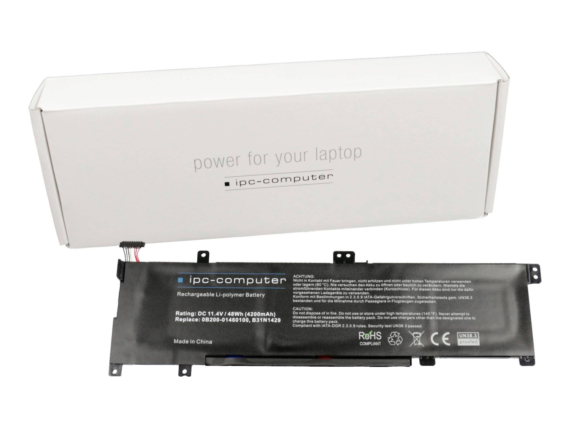 Laptop-Akku-Pack mit seiner weißen Verpackungsbox, beschriftet mit „power for your laptop