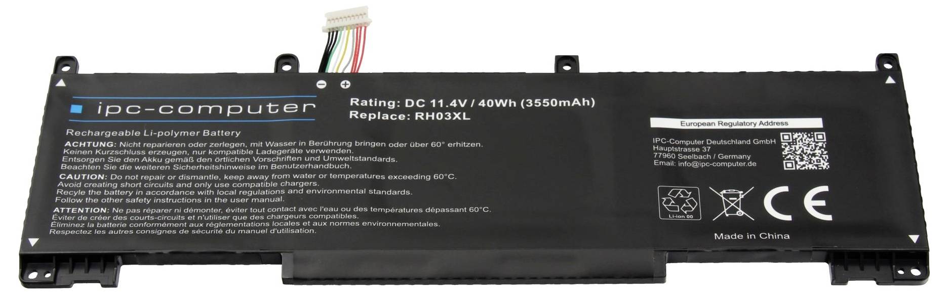 Schwarzer Laptop-Akkupack mit der Bezeichnung ipc-computer, 11,4V 40Wh 3550mAh, mit Stecker oben und Warntext.